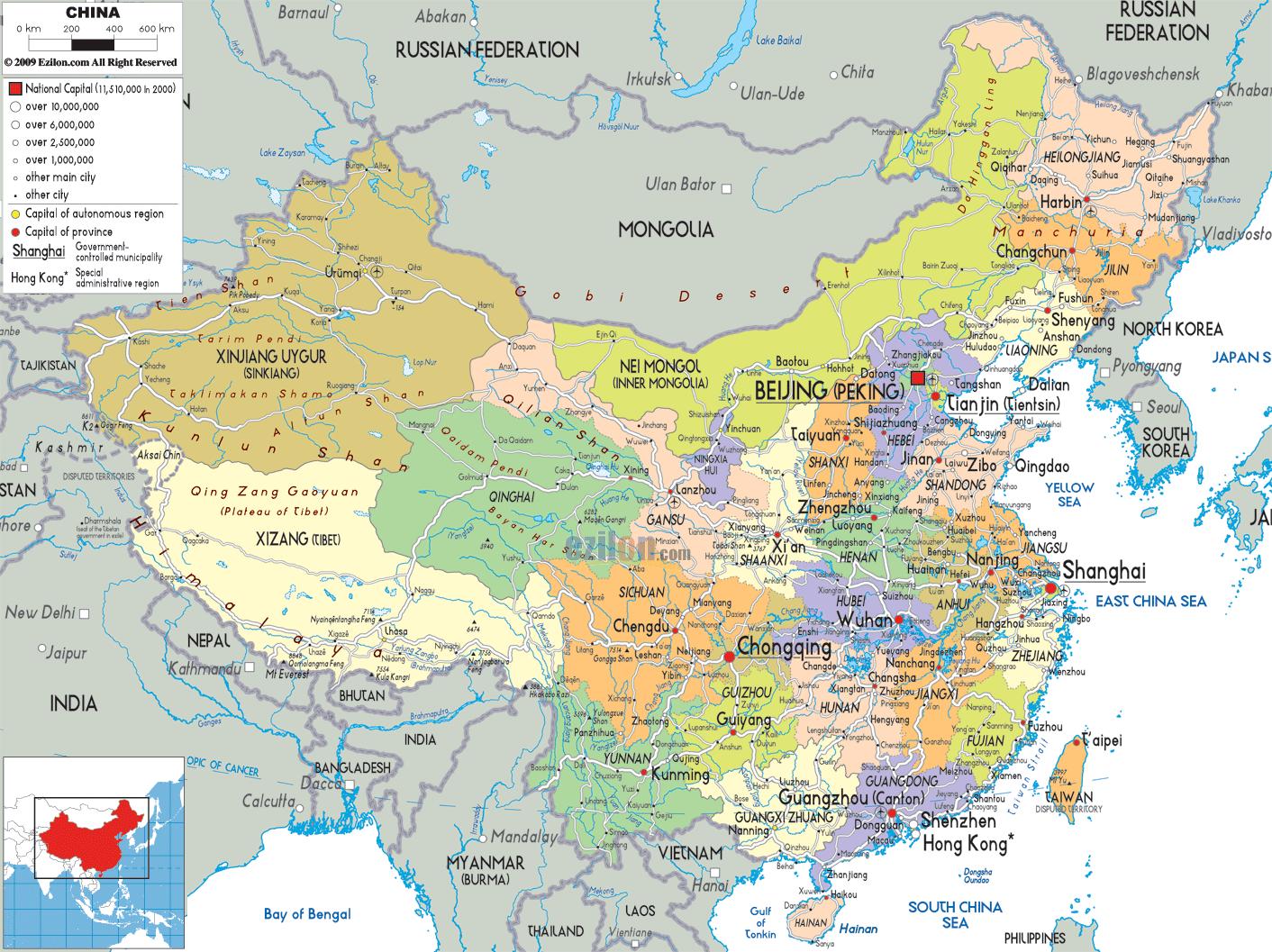 Политическую карту Китая - политической карте Китай (Восточная Азия - Азия)