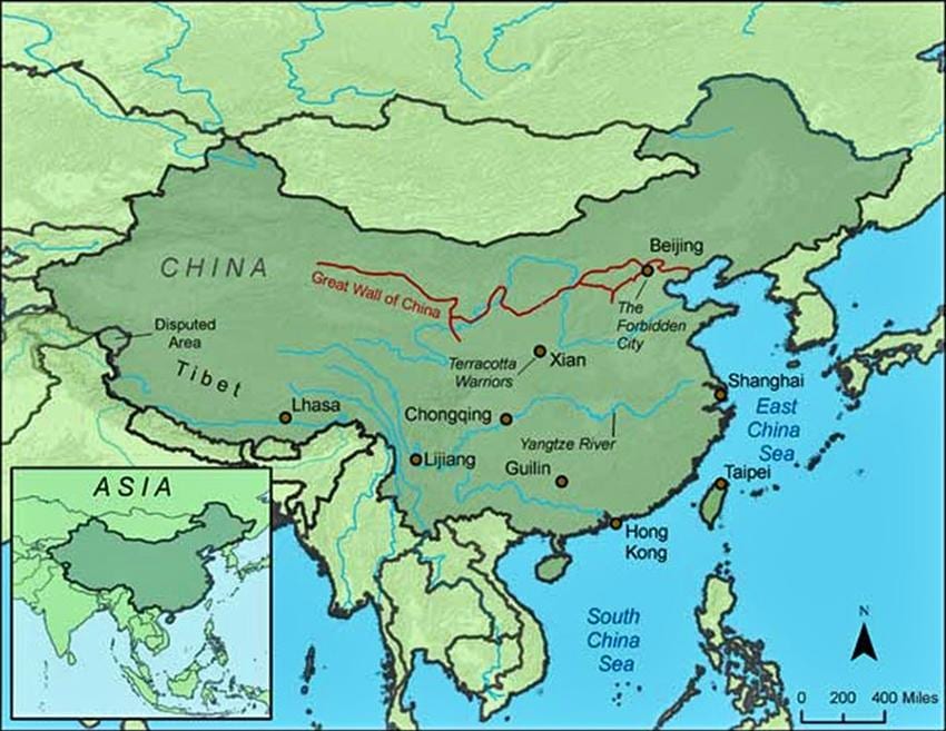 карта Китая великая Китайская стена