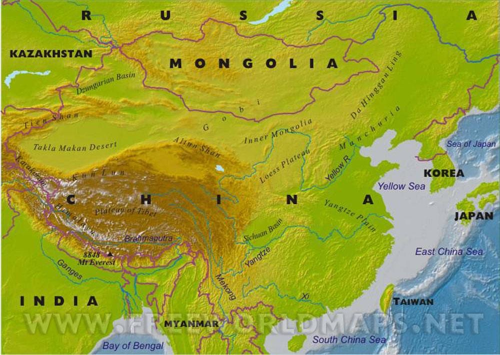 карта Китая с географическими особенностями