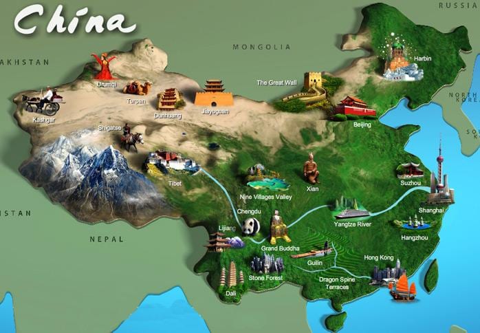 карта Китая достопримечательности