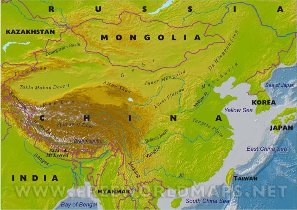 Китай карта физическая