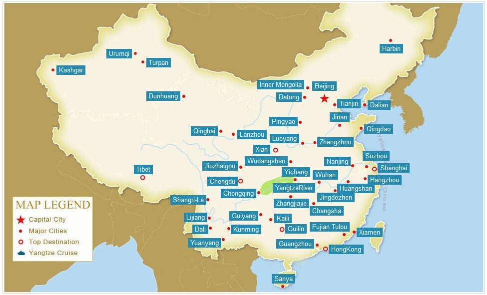 Карта Китая с городами