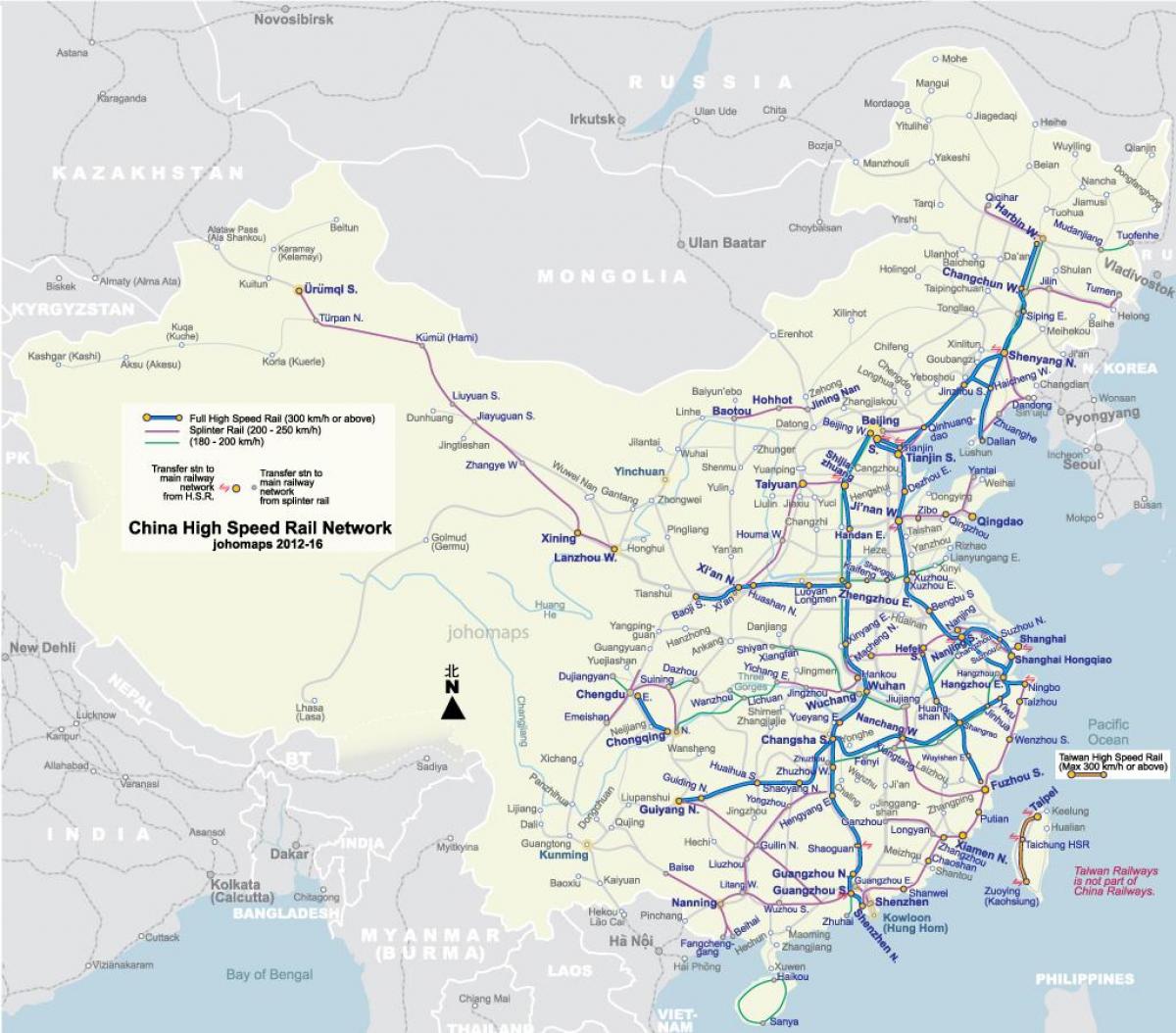 высокоскоростной железной дороги Китая на карте